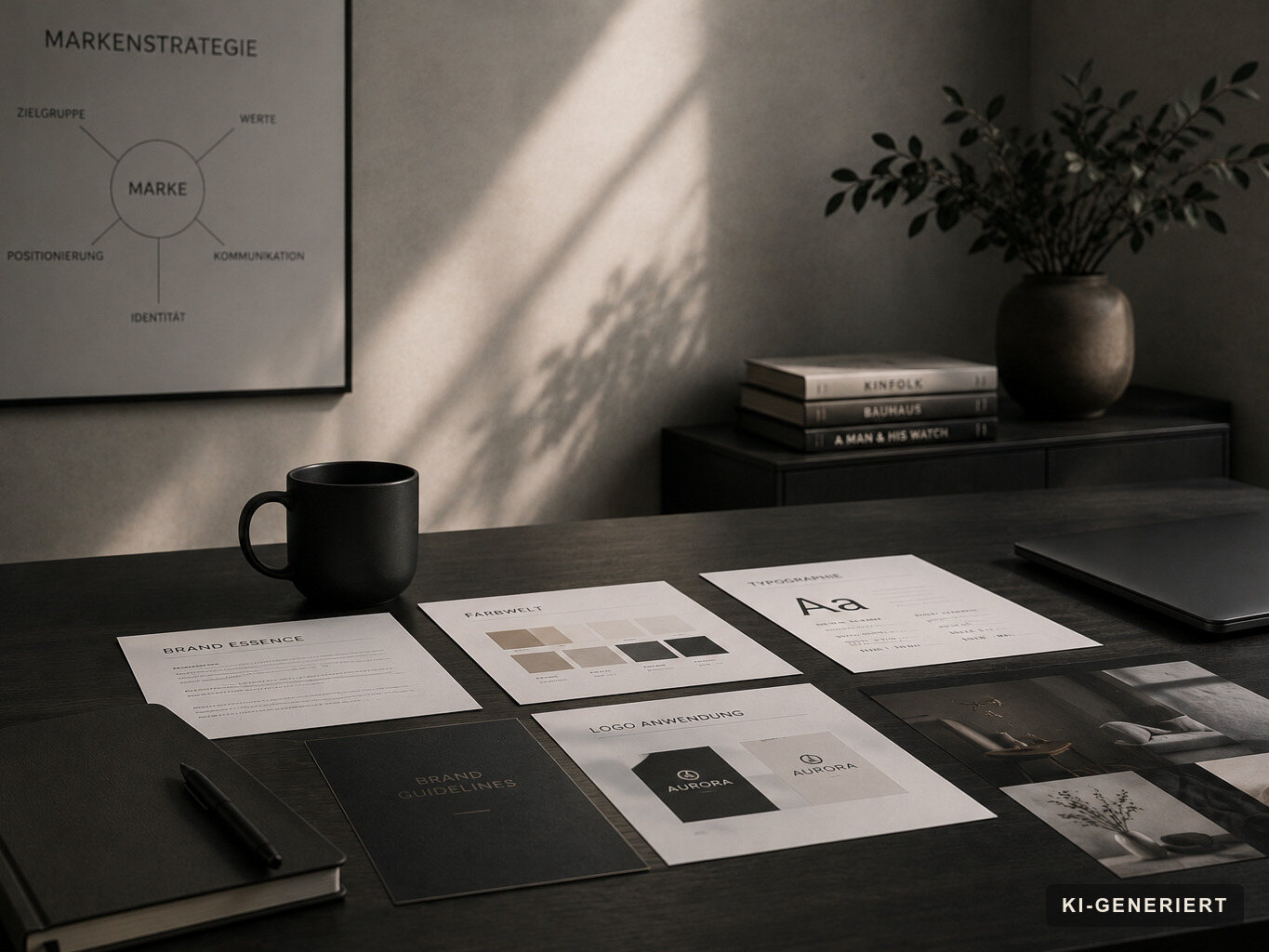 Branding-Unterlagen auf dunklem Tisch: Markenstrategie-Poster, Brand Guidelines, Farbwelt und Logo-Anwendung