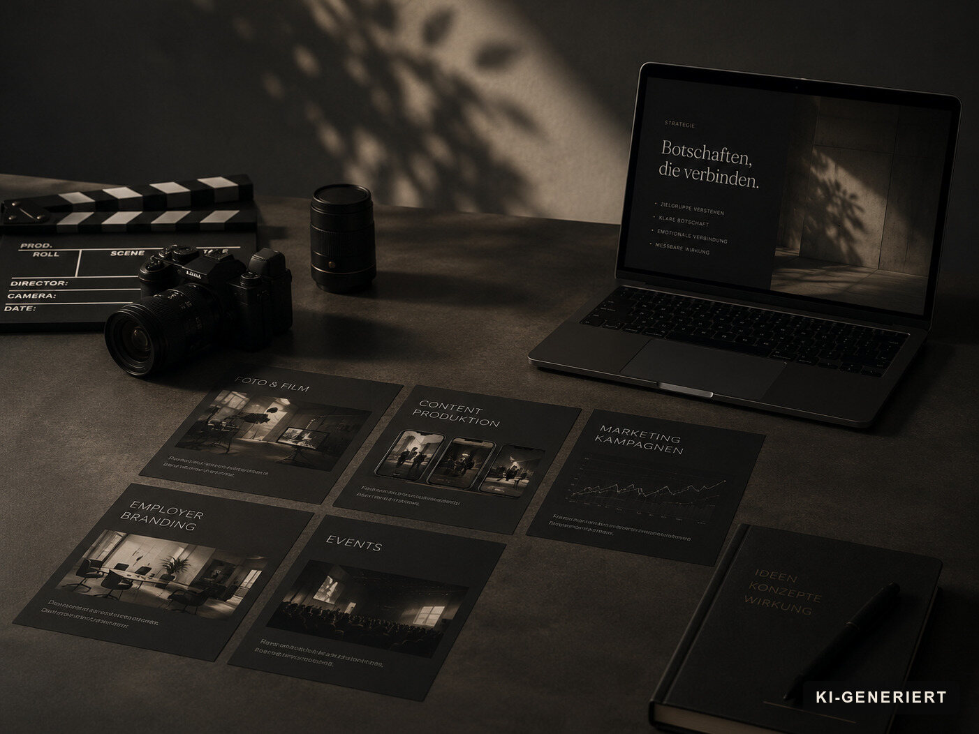 Kamera, Filmklappe und Karten zu Foto & Film, Content-Produktion, Kampagnen, Employer Branding und Events