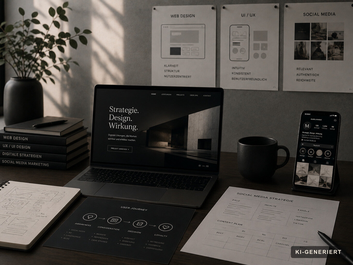 Laptop mit dunkler Website, daneben Wireframes für Webdesign, UI/UX und Social-Media-Strategie