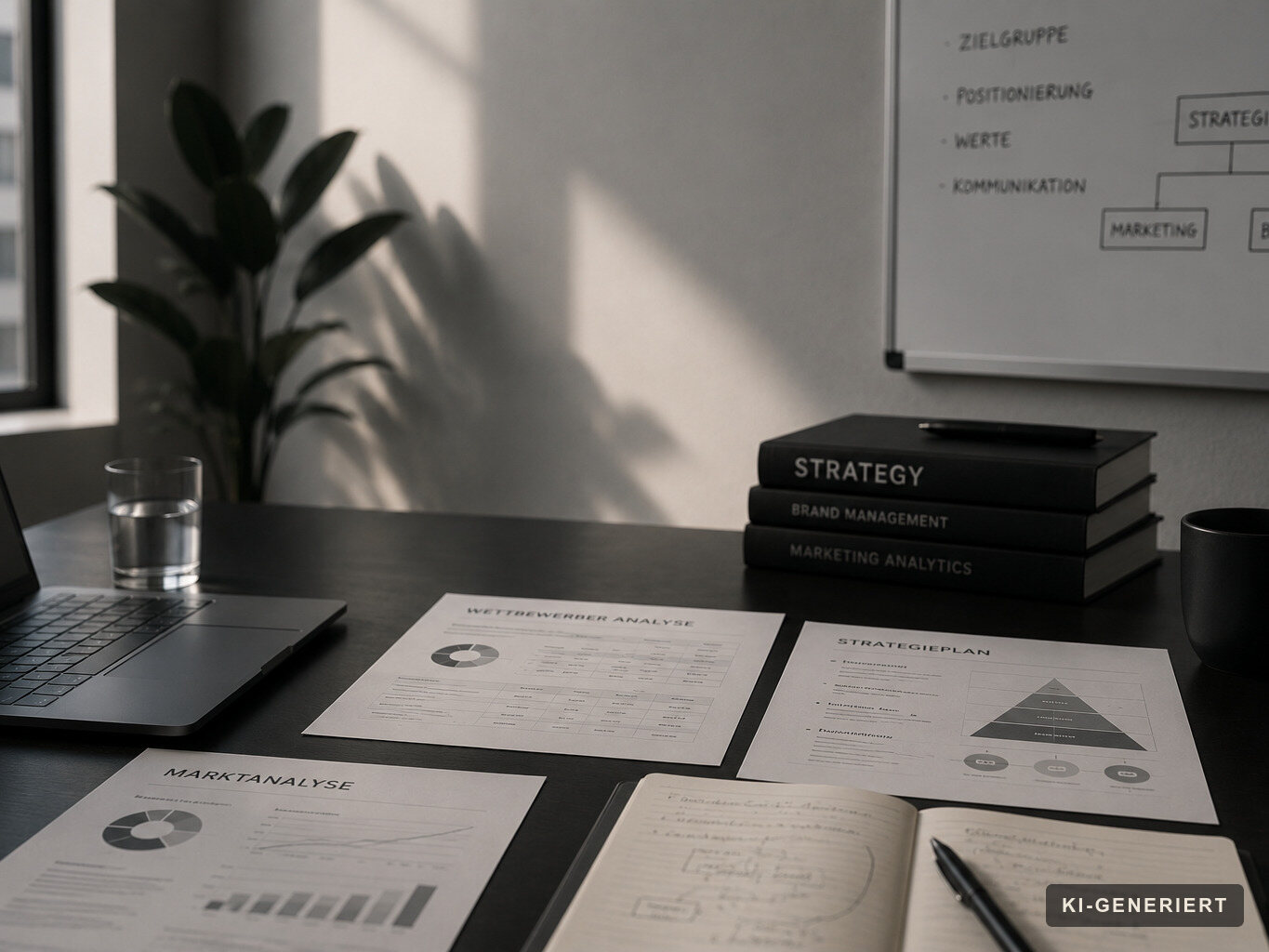 Strategie-Arbeitsplatz mit Marktanalyse, Wettbewerbsanalyse und Strategieplan auf dunklem Tisch