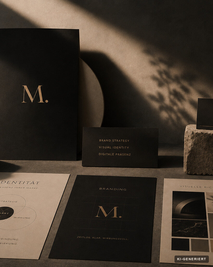 Morrow Studio Markenidentität: schwarzes Branding-Booklet mit goldenem M.-Emblem, Visitenkarten und Moodboard